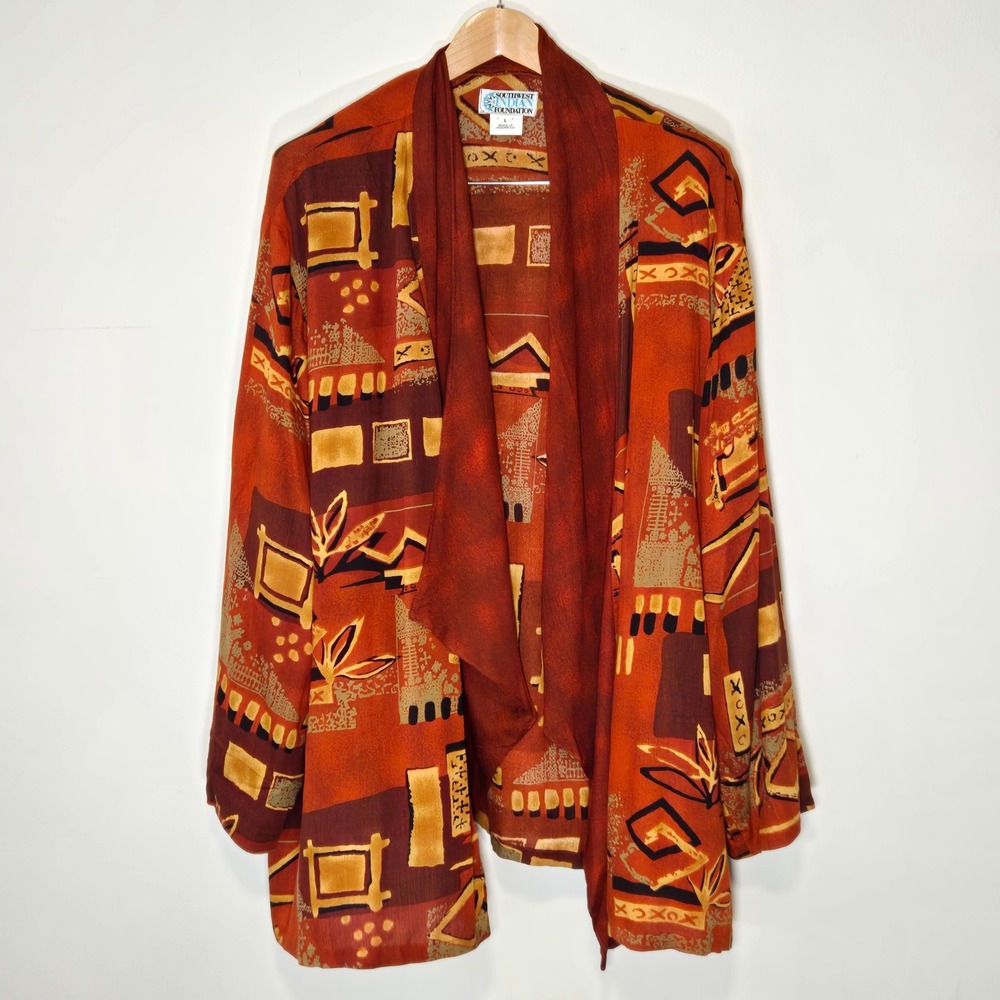 Southwest Indian Foundation Cardigan Women L Orange Rayon Tribal Geometric Print